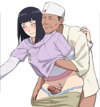 1boy 1girl blush boruto:_naruto_next_generations cheating_(relationship) clothes_pull embarrassed grabbing_another's_breast groping highres hyuuga_hinata mature_female molestation naruto_(series) old old_man penis shoganight sweater thigh_sex