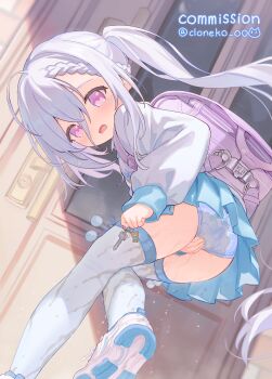 1girl absurdres ahoge backpack bag blue_panties blue_shoes blue_skirt blush braid character_request cloneko_(zelmeledf2) commission copyright_request crying crying_with_eyes_open embarrassed from_behind hair_between_eyes hand_on_own_crotch highres holding holding_key key loli long_hair long_sleeves looking_at_viewer looking_back open_mouth panties pantyshot pee pee_stain peed_self pleated_skirt print_panties puffy_long_sleeves puffy_sleeves purple_bag purple_eyes randoseru shirt shoes side_ponytail skeb_commission skirt solo tears thighhighs underwear upskirt variant_set white_hair white_shirt white_thighhighs