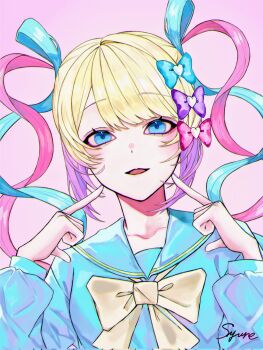 Rule 34 | 1girl, :d, aegyo sal, blonde hair, bloodshot eyes, blue eyes, blue hair, blue sailor collar, blunt bangs, bow, chouzetsusaikawa tenshi-chan, colored tips, commentary request, hair bow, head tilt, highres, looking at viewer, multicolored hair, multiple hair bows, needy girl overdose, open mouth, pink hair, pointing, pointing at self, quad tails, sailor collar, shurehakuso2434, smile, solo, upper body