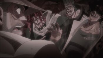 4boys animated animated_gif beard black_hair blood deep_wound facial_hair hat injury jean_pierre_polnareff jojo_no_kimyou_na_bouken joseph_joestar kakyoin_noriaki kuujou_joutarou laughing male_focus multiple_boys muscular old old_man red_hair stardust_crusaders sweat white_hair