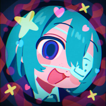 1girl aqua_hair blue_eyes blush_stickers chibi collared_shirt commentary english_commentary eyepatch fisheye freckles hair_between_eyes hatsune_miku heart highres looking_at_viewer medical_eyepatch monitoring_(vocaloid) open_mouth pov_peephole shirt solo star_(symbol) tsui vocaloid