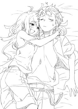 Rule 34 | 1boy, 1girl, arms around neck, aroused, back peek, bare shoulders, bed sheet, belt, belt buckle, blush, breasts, buckle, chuo tanegashima high school uniform, closed eyes, commentary request, couple, dress shirt, hair down, hetero, hug, ikuhashi muiko, koujiro frau, long hair, loungewear, lying, messy hair, midriff, monochrome, navel, on back, on bed, on side, open clothes, open mouth, open shirt, pants, robotics;notes, school uniform, science adventure, shirt, shirt under shirt, short hair, shorts, small breasts, smile, strap pull, summer uniform, t-shirt, tank top, yashio kaito