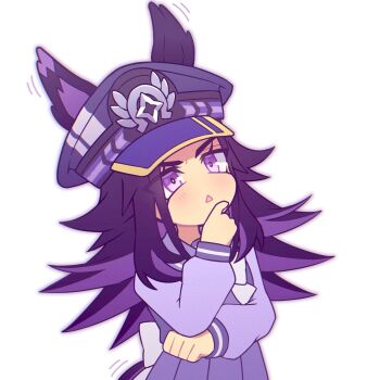 1girl animal_ears black_hair chibi chibi_only colored_inner_hair fenomeno_(umamusume) hat highres horse_ears horse_girl horseshoe_hat_ornament horseshoe_ornament long_hair long_sleeves multicolored_hair parted_lips purple_hair school_uniform simple_background solo striped_hat thinking tracen_school_uniform triangle_mouth two-tone_hair umamusume upper_body w3n6e white_background