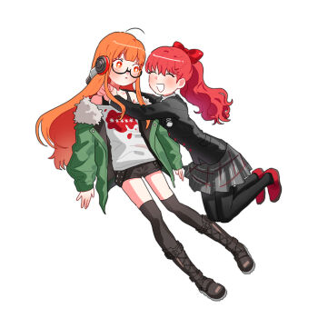 2girls :&lt; :d ahoge behind-the-head_headphones belt black-framed_eyewear black_boots black_jacket black_pantyhose black_shorts black_thighhighs blunt_bangs blush boots bow bright_pupils closed_eyes fur-trimmed_jacket fur_trim glasses green_jacket grey_skirt hair_bow headphones highres hug jacket knee_boots long_hair long_sleeves looking_at_another multiple_girls off_shoulder open_mouth orange_hair pantyhose persona persona_5 persona_5_the_royal plaid_clothes plaid_skirt ponytail print_shirt red_bow red_hair red_shoes sakura_futaba school_uniform semi-rimless_eyewear shirt shoes shorts shuujin_academy_school_uniform simple_background skirt smile studded_belt thighhighs white_background white_pupils yomyompi yoshizawa_kasumi