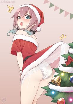 1girl absurdres accidental_pervert ass black_bow blush bow christmas christmas_tree commentary_request dress green_eyes green_hair hair_bow hat highres indoors mittens mukai_rinjin multicolored_hair open_mouth original panties pink_background purple_hair red_dress red_hat red_mittens santa_costume santa_dress simple_background smile solo standing sweatdrop underwear unlikely_accident white_panties
