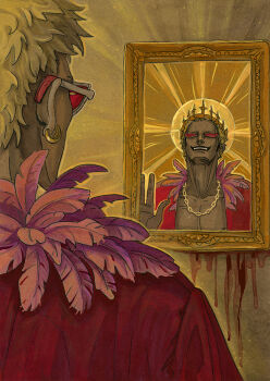 Rule 34 | 1boy, blonde hair, blood, chain, chain necklace, coat, crown, donquixote doflamingo, earrings, feathered coat, halo, jewelry, light rays, male focus, necklace, one piece, pink coat, portrait (object), red shirt, reliliya, shirt, short hair, smile, sunglasses, teeth, upper teeth only