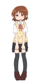 1girl black_thighhighs blue_skirt blush brown_hair brown_shoes collared_shirt embarrassed female_focus flat_chest full_body hair_ornament hairclip half-closed_eyes have_to_pee large_variant_set looking_at_viewer miniskirt neck_ribbon nose_blush open_mouth original pigeon-toed pleated_skirt ponnu_(tnpn2yw) red_eyes red_ribbon ribbon school_uniform shirt shoes short_hair short_sleeves sidelocks simple_background skirt skirt_hold solo standing sweater_vest thighhighs variant_set vest wavy_mouth white_background white_shirt yellow_vest zettai_ryouiki