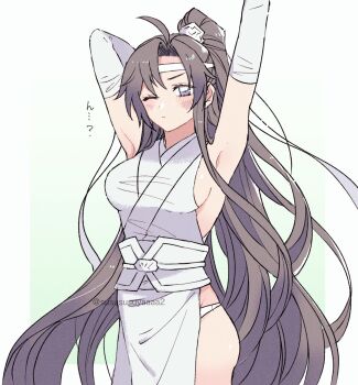 1girl ahoge alternate_costume alternate_hairstyle arm_behind_head arm_up armpits arms_up black_hair blush borrowed_clothes breasts brown_hair china_dress chinese_clothes closed_mouth cowboy_shot dress elbow_gloves eyelashes genderswap genderswap_(mtf) gloves green_background half_updo headband high_ponytail highres large_breasts long_hair looking_at_viewer modao_zushi one_eye_closed panties pelvic_curtain ponytail purple_eyes sash side_slit sideboob sidelocks simple_background sleeveless solo standing stretching twitter_username underwear very_long_hair wei_wuxian white_background white_dress white_gloves white_headband white_panties white_sash xiao_guan_(headdress) yaichi00
