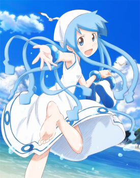 1girl barefoot beach bird blue_eyes blue_hair blush bracelet cloud cloudy_sky dress feet holding holding_shoes holding_unworn_clothes ikamusume ishikawa_masakazu jewelry looking_at_viewer official_art open_mouth reaching reaching_towards_viewer seagull shinryaku!_ikamusume shoes sky soles solo source_request squid squid_girl tentacle_hair tentacles toes unworn_shoes water