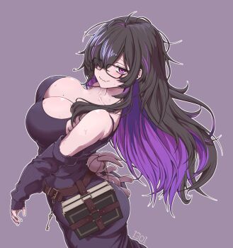 13kai01 1girl black-framed_eyewear black_dress black_hair blush book breasts cleavage colored_inner_hair commentary_request dress glasses goddess_of_victory:_nikke hair_over_one_eye highres label_(nikke) large_breasts long_hair looking_at_viewer mojyo mole mole_on_breast multicolored_hair nervous_smile purple_eyes purple_hair purple_streaks revision smile solo stuffed_animal stuffed_rabbit stuffed_toy two-tone_hair