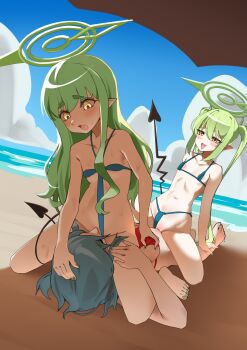 3girls absurdres areola_slip artselmetti barefoot beach bikini bikini_bottom_aside bikini_top_only black_tail blue_archive blue_bikini blue_hair blue_sky blush bottomless breasts clothing_aside cunnilingus demon_tail fang fff_threesome flat_chest grabbing_another&#039;s_breast green_hair green_halo groping group_sex halo highres hikari_(blue_archive) large_breasts long_hair lying micro_bikini multiple_girls navel nozomi_(blue_archive) ocean on_back open_mouth oral original outdoors pointy_ears red_bikini siblings sisters sitting sitting_on_face sitting_on_person skin_fang sky string_bikini swimsuit tail thick_eyebrows threesome tribadism twins twintails yellow_eyes yuri
