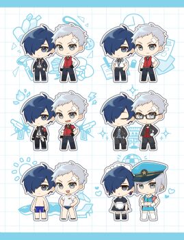 2boys absurdres alternate_costume analog_clock apron armband bandaid bandaid_on_face bandaid_on_forehead beach beach_chair beach_umbrella belt black_dress black_gloves black_jacket black_pants black_ribbon black_suit blue_eyes blue_hair blue_hat blue_shorts blue_skirt blue_vest book chibi clock closed_eyes closed_mouth collared_shirt crop_top crossdressing crossdressing_(mtf) dark_blue_hair mp3_player disco_ball dress earphones_removed electricity evoker fire food formal_clothes full_body gekkoukan_high_school_uniform glasses gloves grey_eyes grey_hair hair_over_one_eye hands_in_pockets hands_on_own_hips hat heart highres jacket long_sleeves low_twintails maid maid_apron maid_headdress male_focus male_maid male_swimwear miniskirt multiple_boys multiple_views navel neck_ribbon official_alternate_costume open_book open_clothes open_jacket open_mouth pants pencil persona persona_3 persona_3:_dancing_moon_night persona_3_reload persona_dancing po_su_su red_armband red_sweater_vest red_vest ribbon s.e.e.s sanada_akihiko school_uniform shirt short_hair short_sleeves shorts skirt sparkle standing suit summer_uniform sun sweater_vest swim_trunks twintails umbrella vest white_footwear white_gloves white_shirt yuuki_makoto_(persona_3)