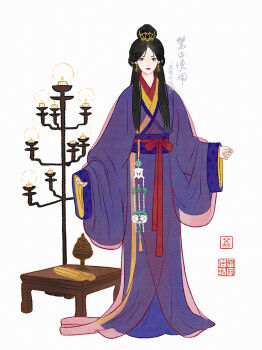 Rule 34 | 1girl, bamboo slips, black hair, blue eyes, candle, candlestand, chinese clothes, chinese commentary, chinese text, commentary request, earrings, full body, hair bun, hair ornament, hanfu, highres, jewelry, lizhi xiaochaorou, long hair, long sleeves, looking at viewer, original, ribbon, robe, simple background, single hair bun, sleeves past wrists, solo, standing, table, topknot, white background, wide sleeves, yaopei, zhijupao