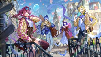 Rule 34 | 2boys, 2girls, ahoge, ankle boots, arm at side, balloon, belt collar, black pants, blonde hair, blue hair, blue nails, blue pants, blue ribbon, blue scarf, blue shirt, blue sky, book, boots, bracelet, braid, brown bag, brown boots, brown coat, brown skirt, building, chain, chain bracelet, coat, collar, collared shirt, commentary, company connection, crossover, day, denim, elizabeth tower, english commentary, eyewear on head, fangs, feathers, flins (genshin impact), full body, genshin impact, glasses, grey eyes, hair between eyes, hair ornament, hair ribbon, hairclip, hand in pocket, hand up, hat, headphones, headphones around neck, heterochromia, high-waist skirt, highres, hitokoto, holding, holding book, honkai: star rail, honkai (series), honkai impact 3rd, hugo vlad, instrument case, jeans, jewelry, kafka (honkai: star rail), knee boots, lace-up boots, layered sleeves, london, london eye, long braid, long hair, long skirt, long sleeves, looking at viewer, low ponytail, mihoyo, multiple boys, multiple bracelets, multiple crossover, multiple girls, multiple rings, musical note, musical note print, musical staff, musical staff print, nail polish, neck ribbon, open clothes, open coat, open mouth, open shirt, outdoors, pants, people, phone booth, piano print, pointy ears, poncho, ponytail, purple eyes, purple hair, purple nails, purple thighhighs, raiden mei, railing, red-framed eyewear, red eyes, ribbon, ring, scarf, semi-rimless eyewear, shirt, shirt partially tucked in, side braid, signpost, single braid, skindentation, skirt, sky, smile, striped clothes, striped skirt, sunglasses, suspender skirt, suspenders, tassel, thighhighs, torn clothes, torn jeans, torn pants, umbrella, under-rim eyewear, vertical-striped clothes, vertical-striped skirt, very long hair, wallet chain, watch, white shirt, wing collar, wristwatch, yellow coat, yellow eyes, yellow hat, yellow poncho, zenless zone zero