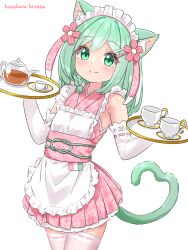 Rule 34 | 1girl, absurdres, animal ear fluff, animal ears, apron, blush, braid, cat ears, cat girl, cat tail, closed mouth, cup, elbow gloves, floral print, flower, frilled apron, frills, gloves, green eyes, green hair, hair flower, hair ornament, hairclip, hazakura hinata, highres, holding, holding tray, japanese clothes, kimono, looking at viewer, maid, maid headdress, obi, original, pink flower, pink kimono, ribbon trim, sash, simple background, sleeveless, sleeveless kimono, smile, solo, tail, teacup, teapot, thighhighs, tray, variant set, white apron, white background, white thighhighs