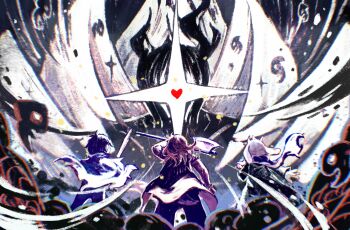 1boy 1girl 3others angel_wings animal_ears asymmetrical_horns axe battle_axe commentary covering_face cup deltarune eldritch_abomination english_commentary feathered_wings fetus fighting_stance glowing goat_boy goat_ears goat_horns head_wings highres holding holding_axe holding_cup holding_weapon horns kris_(dark_world)_(deltarune) kris_(deltarune) light_particles living_shadow monster multiple_others multiple_wings one-eyed ralsei reptile_girl ryuh_(asahina_neru) scarf short_tail soul_(deltarune) sparkle spoilers susie_(dark_world)_(deltarune) susie_(deltarune) sword tail titan_(deltarune) umbrakinesis utdr_(toby_fox) weapon wind wings