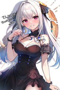 1girl absurdres alisia0812 bare_shoulders black_dress black_ribbon blue_gem breasts cleavage commentary_request commission crescent crescent_earrings crescent_necklace dress earrings gem hair_ribbon halterneck highres hoshizuki_lunna indie_virtual_youtuber jewelry large_breasts long_hair looking_at_viewer mole mole_under_eye necklace off-shoulder_dress off_shoulder parted_lips pink_eyes ribbon second-party_source short_sleeves smile solo upper_body virtual_youtuber white_hair