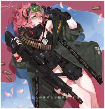 1girl ammunition_belt assault_rifle black_gloves chinese_commentary coat commentary eyelashes feet_out_of_frame fingerless_gloves fluffy_hair gloves goggles goggles_on_head grandia_lee green_coat green_eyes gun highres holding holding_gun holding_weapon m16 m16a4 original painttool_sai_(medium) panties panty_pull petals pink_hair pink_panties prosthesis prosthetic_hand rifle single_fingerless_glove underwear weapon