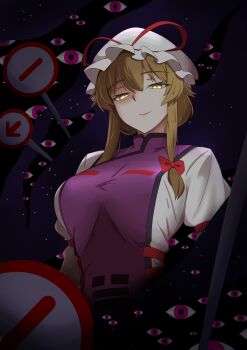 1girl absurdres blonde_hair blush bow braid breasts dark_background dress gap_(touhou) hair_bow hat hat_ribbon highres kikukitei long_hair long_sleeves looking_at_viewer mob_cap purple_dress red_bow ribbon short_hair smile solo touhou yakumo_yukari yellow_eyes
