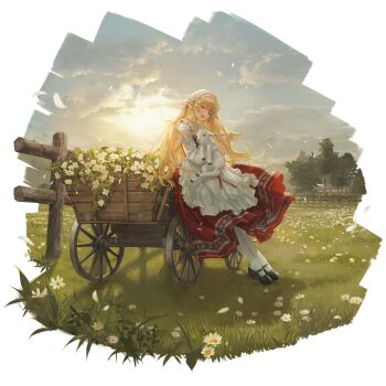 1girl :d animal apron baby_animal black_shoes black_vest blonde_hair cloud cloudy_sky daisy_(flower) day falling_petals fang fence field flower full_body girls&#039;_frontline grass highres holding holding_animal lamb leaning_on_object long_hair long_sleeves looking_at_viewer mary_janes meadow nin_(lion) official_alternate_costume official_art open_mouth outdoors pantyhose petals red_skirt s.a.t.8_(ballad_of_twilight_blossoms)_(girls&#039;_frontline) s.a.t.8_(girls&#039;_frontline) shadow sheep shirt shoes skirt sky smile solo standing teeth third-party_source transparent_background tree upper_teeth_only veil very_long_hair vest wagon white_apron white_pantyhose white_shirt white_veil wooden_fence