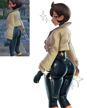 1girl :3 absurdres ass ass_focus black_bodysuit black_gloves black_hair bodysuit brown_hair closed_mouth cooterzi curvy emma_(pokemon) from_behind game_screenshot_inset gloves grey_eyes highres huge_ass jacket looking_at_viewer looking_back multiple_views nintendo pokemon pokemon_legends:_z-a shiny_clothes short_hair simple_background skin_tight smile sparkle white_background wide_hips yellow_jacket
