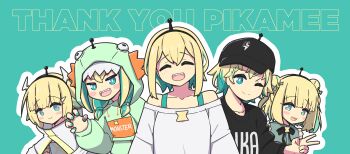 5girls :> :d ^_^ absurdres amano_pikamee amano_pikamee_(1st_costume) amano_pikamee_(dinosaur_hoodie) amano_pikamee_(isekai) amano_pikamee_(isekai_monster) amano_pikamee_(voms_black) antennae aqua_background aqua_eyes baseball_cap black_bow black_bowtie black_hat black_sweater blonde_hair blush_stickers bow bowtie character_name claw_pose closed_eyes commentary double_bun dress english_commentary green_dress hair_bun hand_up hat highres looking_at_viewer multiple_girls multiple_persona off-shoulder_shirt off_shoulder open_mouth outline sharp_teeth shirt short_hair smile sweater synapseproperty teeth upper_body v-shaped_eyebrows virtual_graduation_commemoration virtual_youtuber voms white_outline