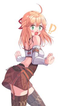 !? 1girl ahoge blonde_hair blush brown_skirt brown_thighhighs commentary_request fiora_(xenoblade) green_eyes hair_between_eyes highres long_hair median_furrow open_mouth revvie simple_background skirt solo standing thighhighs white_background wide-eyed xenoblade_chronicles_(series) xenoblade_chronicles_1