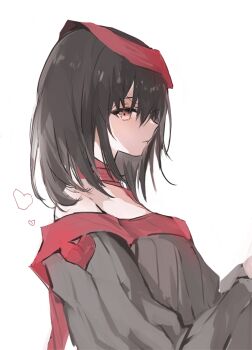 Rule 34 | 1girl, bare shoulders, black hair, brown eyes, commentary, dress, grey dress, hair between eyes, hands up, heart, long sleeves, looking at viewer, looking to the side, lpip, off-shoulder dress, off shoulder, original, parted lips, puffy long sleeves, puffy sleeves, simple background, solo, upper body, white background