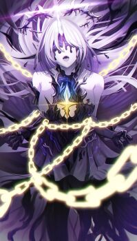 1girl absurdres bare_shoulders black_dress bound breasts chain commentary covered_eyes crown_of_thorns dress earrings facing_viewer fins floating_earrings head_fins highres horns huge_breasts jewelry leviathan_(wuthering_waves) long_hair long_horns multiple_earrings nicky_w open_mouth purple_hands scene_reference single_horn solo spoilers symbol-only_commentary very_long_hair wuthering_waves