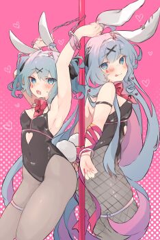 2girls ace_(playing_card) ace_of_hearts animal_ears bare_shoulders black_leotard black_pantyhose blue_eyes blue_hair blush bow card clothing_cutout cuffs cutout_above_navel fake_animal_ears fishnet_pantyhose fishnets hair_ornament handcuffs hatsune_miku heart heart_cutout highres implied_bondage leotard long_hair looking_at_viewer multiple_girls nekonika_(e102k) object_in_bra pantyhose pink_pupils playboy_bunny playing_card pole rabbit_ears rabbit_hole_(vocaloid) smile stripper_pole teardrop_facial_mark twintails vocaloid x_hair_ornament