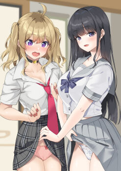 2girls absurdres ahoge artist_request black_choker black_hair blonde_hair blue_bow blue_bowtie blunt_bangs blurry blurry_background bow bow_panties bowtie breasts choker cleavage clothes_lift collarbone collared_shirt commentary_request cowboy_shot flashing grey_sailor_collar grey_skirt hair_between_eyes hair_tie heart heart_choker highres indoors lifting_another's_clothes lifting_own_clothes long_hair looking_at_viewer medium_breasts midriff_peek multicolored_hair multiple_girls nail_polish necktie open_mouth original panties partially_unbuttoned pink_bow pink_panties plaid_clothes plaid_skirt pleated_skirt purple_eyes red_nails red_necktie roots_(hair) sailor_collar school_uniform shirt short_sleeves sidelocks skirt skirt_lift smile straight_hair string_panties sweatdrop two_side_up underwear wavy_hair wavy_mouth white_panties white_shirt