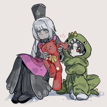 Rule 34 | 1boy, 1girl, aged down, apron, charon (project moon), closed mouth, dinosaur costume, dress, grey dress, grey eyes, grey hair, grey hat, grey shoes, hat, highres, kkomi (project moon), knees up, limbus company, pink apron, project moon, red eyes, rowsic, shako cap, shoes, simple background, sitting, stuffed animal, stuffed toy, teddy bear, vergilius (project moon), white background