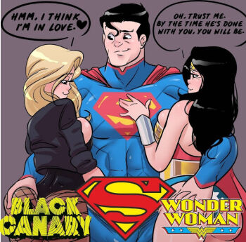 1boy 2girls black_canary clark_kent dc_comics diana_prince dinah_lance grabbing_another&#039;s_ass green_arrow_(series) groping group_sex imminent_penetration multiple_girls seductive_gaze seductive_smile smile superman superman_(series) threesome wonder_woman wonder_woman_(series)