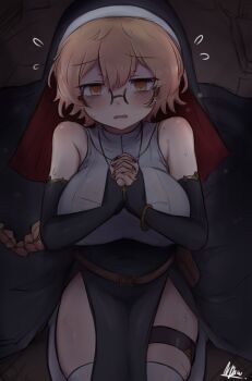 1girl belt belt_pouch black_dress blush bracelet braid breasts dress glasses huge_breasts jewelry long_hair mole mole_on_shoulder ndawjaidee nervous nervous_sweating nun open_mouth original plump pouch praying sitting solo solo_focus sweat tagme thigh_belt thigh_strap thighhighs watermark