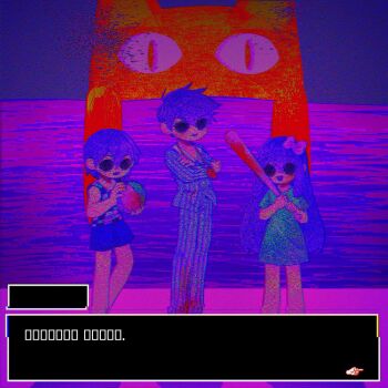 Rule 34 | ..., 1girl, 2boys, antenna hair, aubrey (headspace) (omori), aubrey (omori), bad id, bad twitter id, ball, baseball bat, big yellow cat (omori), blue shirt, bow, checkered clothes, collarbone, collared pajamas, colored skin, dialogue box, double-parted bangs, hair between eyes, hair bow, hero (headspace) (omori), hero (omori), highres, holding, holding ball, holding baseball bat, kel (headspace) (omori), kel (omori), long shirt, looking at viewer, morivivi3, multiple boys, omori, open mouth, pajamas, pants, pink bow, purple eyes, purple hair, purple shorts, shirt, short hair, short sleeves, shorts, sidelocks, smile, striped clothes, striped pajamas, striped pants, t-shirt, tank top, third-party source, vertical-striped clothes, vertical-striped pajamas, vertical-striped pants, white pajamas, white pants, white skin