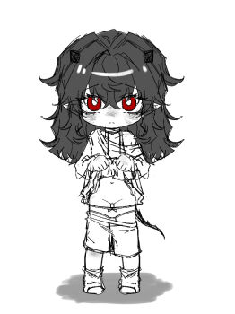 1boy black_hair black_horns black_tail child chinese_commentary gangbang genderswap genderswap_(mtf) group_sex horns looking_at_viewer male_focus original panties pointy_ears prostitution red_eyes single_bare_shoulder standing translated underwear user_fayp5532 white_background