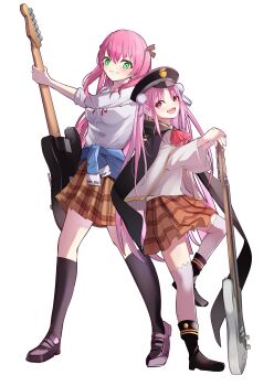 2girls aikawa_megumi bass_guitar bow bowtie commentary_request green_hair hair_bun heaven_burns_red highres instrument kunimi_tama long_hair multiple_girls pink_hair sailor school_uniform simple_background tsukune2398