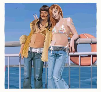 2girls against_railing bell-bottoms belt bikini bird black_belt black_eyes black_hair border breasts closed_eyes denim fashion floral_print fur_jacket fur_trim hair_over_shoulder hand_on_another&#039;s_shoulder highres jacket jeans lifebuoy light_smile lowleg lowleg_pants mole mole_on_breast mole_on_stomach mole_under_eye multiple_girls nail_polish nami_(one_piece) nico_robin ocean one_piece open_clothes open_jacket orange_hair outside_border panties pants rabu99 railing seagull shoulder_tattoo side-tie_bikini_bottom side-tie_panties sky standing studded_belt swim_ring swimsuit tan tattoo thong_bikini underwear v white_belt white_border y2k_fashion