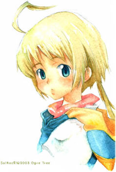 1boy 2003 ahoge artist_name bad_id blonde_hair blue_eyes commentary_request final_fantasy final_fantasy_tactics_advance long_hair low_ponytail lowres male_focus marche_radiuju ponytail saikachi_(ogre_tree) simple_background solo upper_body white_background