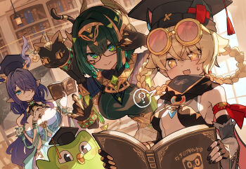 Rule 34 | absurdres, animal ear headwear, antlers, aqua dress, armlet, ashru (genshin impact), bare shoulders, beanie, belt, black cat, black gloves, black hat, black scarf, blonde hair, blue eyes, book, bracelet, breasts, cat, chest jewel, claw ring, cleavage, deer antlers, deer girl, detached sleeves, dress, duo (duolingo), duolingo, earrings, elbow gloves, fake animal ears, fingerless gloves, genshin impact, glasses, gloves, goggles, goggles on head, green eyes, green hair, green shirt, hair over one eye, halterneck, hat, headpiece, highres, horns, jahoda (genshin impact), jewelry, katsu (katsupainter), large breasts, lauma (genshin impact), leotard, long hair, looking at viewer, mark under eye, medium breasts, medium hair, neck ring, nefer (genshin impact), pendant, pointy ears, prosthesis, prosthetic arm, purple hair, scarf, shirt, sidelocks, skirt, smile, usekh collar, white leotard, white skirt, yellow eyes