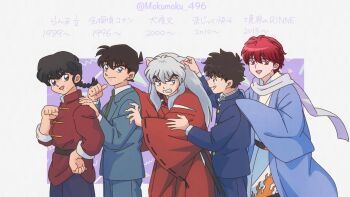 Rule 34 | 5boys, animal ears, black hair, blue eyes, blue jacket, braid, braided ponytail, brown eyes, brown hair, chinese clothes, collared shirt, dog ears, green necktie, hair between eyes, highres, inuyasha, inuyasha (character), jacket, japanese clothes, jewelry, kimono, kudou shin'ichi, kuroba kaito, kyoukai no rinne, long hair, long sleeves, magic kaito, meitantei conan, multiple boys, myab5555, necklace, necktie, open mouth, pants, ranma 1/2, red hair, saotome ranma, school uniform, shirt, short hair, single braid, smile, teitan high school uniform, voice actor connection, white hair, white shirt, wide sleeves, yamaguchi kappei, yellow eyes