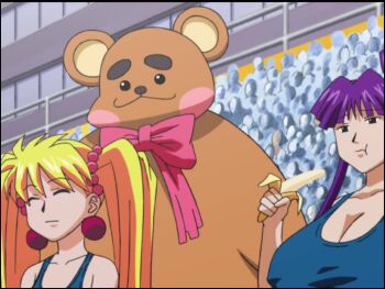 animal_costume animated anime_screenshot banana bear_costume blonde_hair bouncing_breasts breasts covered_erect_nipples eiken food fruit grace_lin green_hair high_ponytail huge_breasts kuma_(eiken) long_hair long_sidelocks misono_kirika multiple_girls outdoors ponytail purple_hair sidelocks sound tagme tororo_(character) twintails video