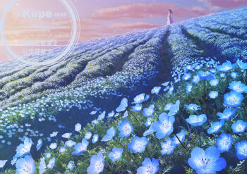 1girl blue_flower cloud commentary copyright_notice dated dress english_commentary evening field flower flower_field kun52 medium_hair nemophila_(flower) original outdoors scenery sky solo standing watermark white_dress wide_shot