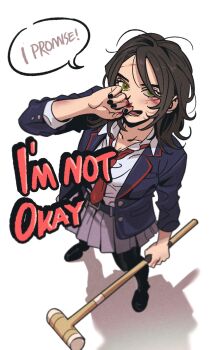 Rule 34 | 1boy, animification, baoul101552, belt, black nails, black pantyhose, black shoes, blazer, blood, blood on face, blue jacket, bruise, bruise on arm, collarbone, collared shirt, commentary, croquet mallet, crossdressing, crossdressing (mtf), dress shoes, english commentary, english text, from above, gerard way, green eyes, grey skirt, hair between eyes, highres, holding, holding mallet, injury, jacket, lapels, long sleeves, looking at viewer, male focus, mallet, medium hair, messy hair, my chemical romance, nail polish, necktie, nosebleed, open mouth, pantyhose, pleated skirt, popped collar, real life, red necktie, school uniform, shirt, shoes, simple background, skirt, smile, solo, speech bubble, thick eyebrows, white background, white shirt, wiping blood, wiping face