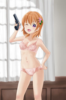 1girl absurdres bra brown_hair changing_room commentary_request gochuumon_wa_usagi_desu_ka? gun highres holding holding_gun holding_weapon hoto_cocoa open_mouth panties pink_bra pink_panties purple_eyes smile solo spanglemaker underwear weapon