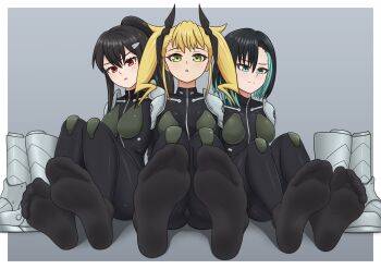 3girls ashiro_mina black_hair black_socks blonde_hair blue_eyes boots feet flickmann_ss green_eyes highres kaijuu_no._8 long_hair looking_at_viewer medium_hair multicolored_hair multiple_girls parted_lips ponytail red_eyes shinomiya_kikoru shinonome_rin shoes socks soles streaked_hair twintails unworn_boots unworn_shoes