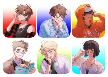 Rule 34 | 1girl, 5boys, ;p, adjusting eyewear, alternate costume, animification, bad id, bad twitter id, baseball cap, bespectacled, black-framed eyewear, black hair, black tank top, blonde hair, blue eyes, blue jacket, blunt bangs, blunt ends, blush, book, brown hair, casual, chain, chain necklace, closed mouth, clothes writing, cole (ninjago), collared shirt, commentary, covering own mouth, denim, denim jacket, drawstring, eyebrow cut, eyewear strap, glasses, green eyes, green necktie, grey hair, grey shirt, hand on own cheek, hand on own face, hand over own mouth, hand up, hat, highres, holding, holding book, hood, hood up, hoodie, jacket, jay (ninjago), jewelry, kai (ninjago), korean text, lloyd garmadon, long hair, long sleeves, looking at viewer, multiple boys, nanunbab0da, necklace, necktie, ninjago, nya (ninjago), one eye closed, open clothes, open shirt, orange eyes, orange hoodie, plaid clothes, plaid shirt, red shirt, round eyewear, semi-rimless eyewear, shirt, short hair, short sleeves, sideways mouth, simple background, smile, tank top, thick eyebrows, tongue, tongue out, turtleneck, under-rim eyewear, untranslatable commentary, upper body, very long hair, watch, white hat, wing collar, wristwatch, zane (ninjago)