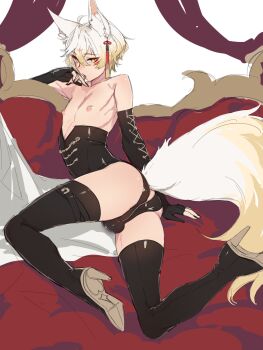 1boy animal_ear_fluff animal_ears anwianwi ass black_nails blonde_hair boots bulge corset couch earrings fox_boy fox_ears fox_tail gradient_hair high_heel_boots high_heels highres indie_virtual_youtuber jewelry looking_at_viewer male_focus mokotoko9 multicolored_hair nail_polish nipple_piercing nipples perineum piercing solo tail thigh_boots tongue tongue_out trap virtual_youtuber white_hair yellow_eyes