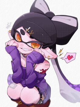 +_+ 1girl bandaged_leg bandages bare_shoulders black_hair blush breasts callie_(splatoon) heart jewelry konomi_kurumi long_sleeves nintendo pointy_ears ring splatoon_(series) squatting tattoo_on_arm teeth tentacle_hair thighs twintails white_background white_hair yellow_eyes
