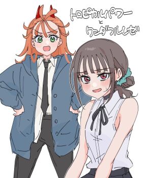 2girls aqua_scrunchie black_choker black_necktie black_ribbon black_shorts blue_jacket blunt_bangs blush chainsaw_man choker collared_shirt commentary_request cosplay green_eyes hair_bun hair_ornament hair_scrunchie highres horns jacket lemonade_cn looking_at_viewer multiple_girls natsuumi_manatsu necktie nekoyashiki_mayu open_mouth orange_hair oversized_clothes oversized_jacket power_(chainsaw_man) power_(chainsaw_man)_(cosplay) precure red_eyes red_horns reze_(chainsaw_man) reze_(chainsaw_man)_(cosplay) ribbon scrunchie shirt shorts sleeveless sleeveless_shirt translation_request tropical-rouge!_precure voice_actor_connection white_background white_shirt wonderful_precure!